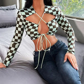 Chess Grid Sexy Cross Cut Neck Long Sleeve Crop Top